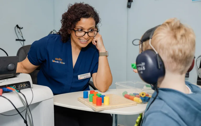 A child wearing a headset undergoing a hearing test at South Australia Speech and Hearing Centre
