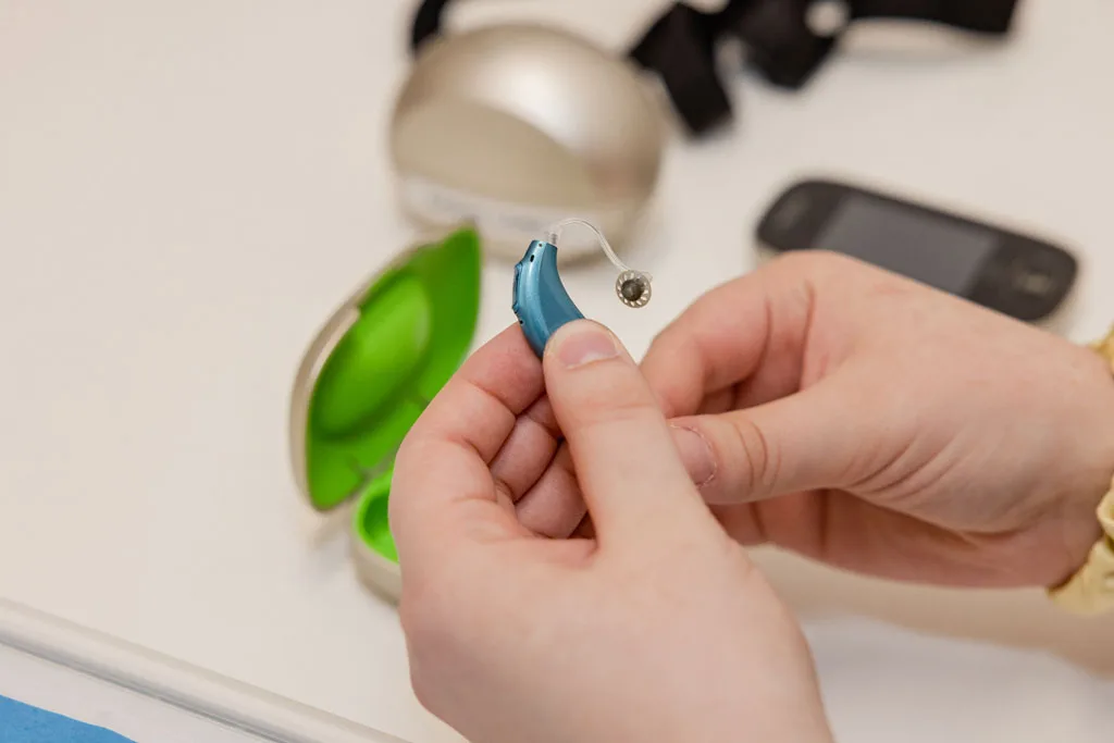 Compact hearing aids in a sleek design.